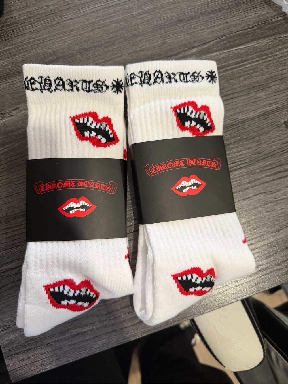 Chrome Hearts White Crew Socks with Red and Black Lip Motif